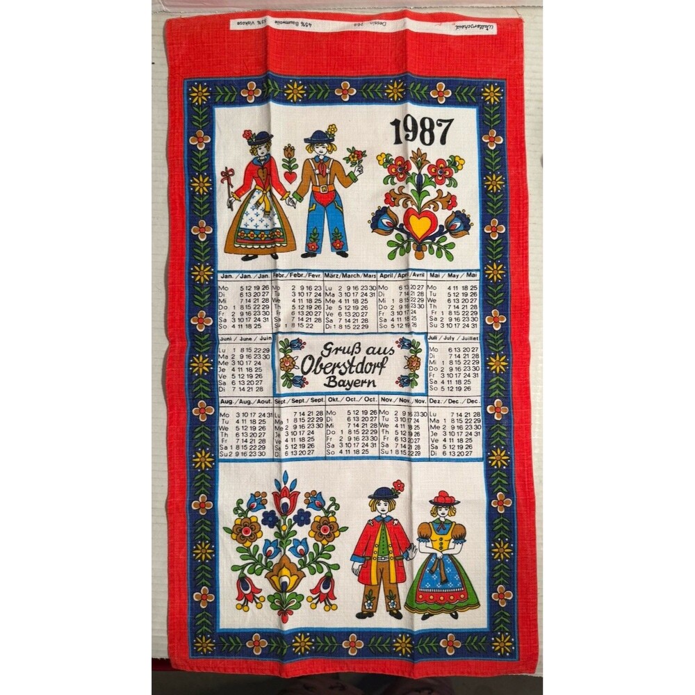 1987 Cloth Cotton & Viscose German Calendar 23.5”x12.75” Walterscheid Folded Tea